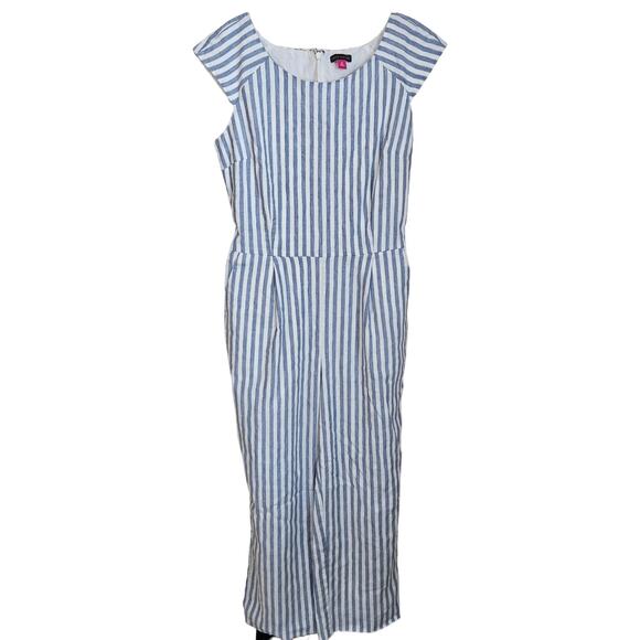 Vince Camuto Linen Jumpsuit Size 10 Striped Cap Sleeve Belted Pockets Beach Blue - Picture 1 of 14